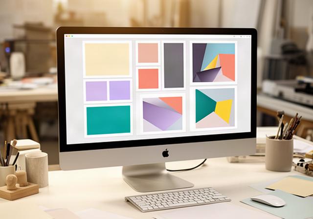 Mac creative asset library with organised project previews in a studio setting